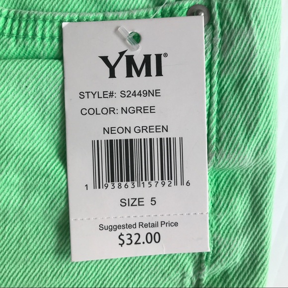 YMI SZ 5 Mid-Rise Denim Frayed Cut-Off 3" Women's Shorts in Lime Green NEW - Picture 9 of 14